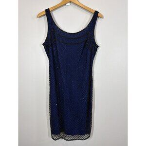 Lawrence Kazar Blue Beaded Mini Dress Size XL Sleeveless V Neck Holiday Party
